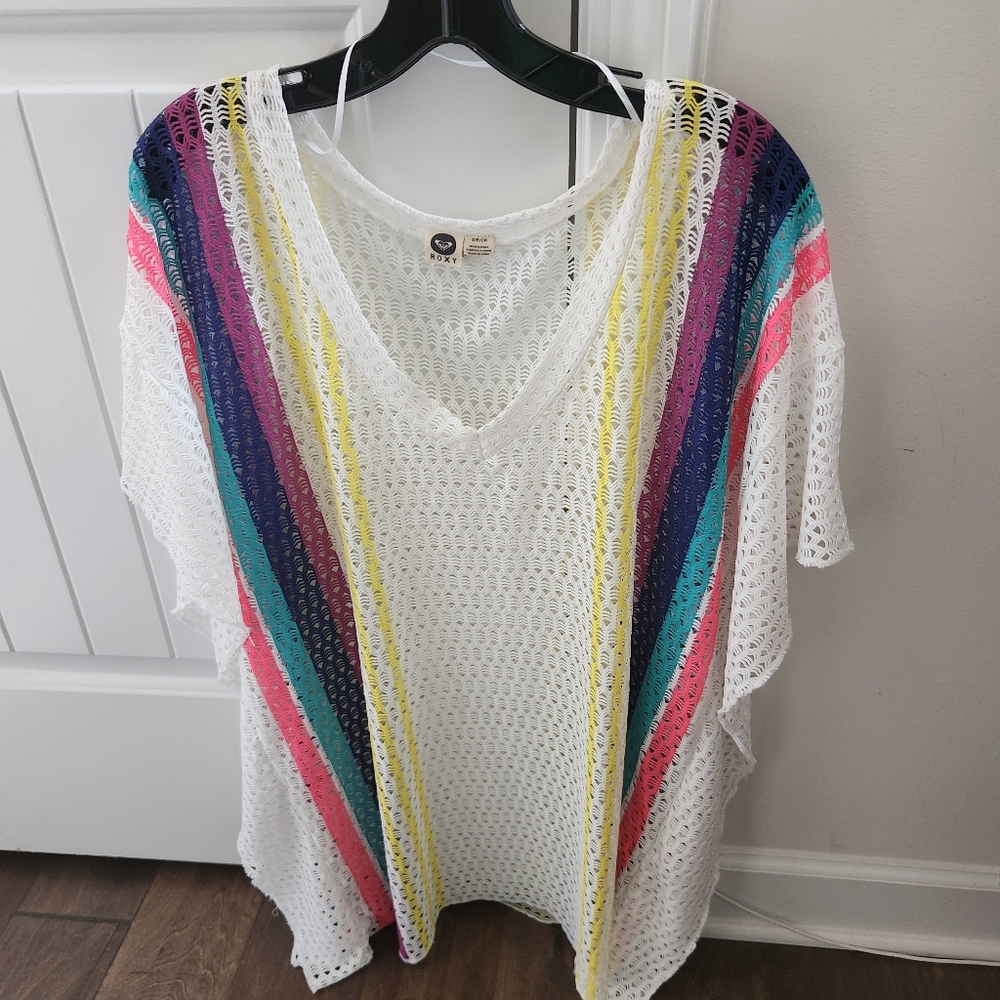 Roxy White And Multi Striped Cover Up Top.